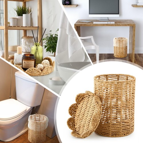 Ctosree 1.3 Gallons Small Wicker Trash Can with Lid Handle Woven Wicker Rattan Bathroom Waste Basket Boho Trash Basket with 100 Plastic Garbage Bags for Bedroom Laundry (Scalloped Style, Natural)