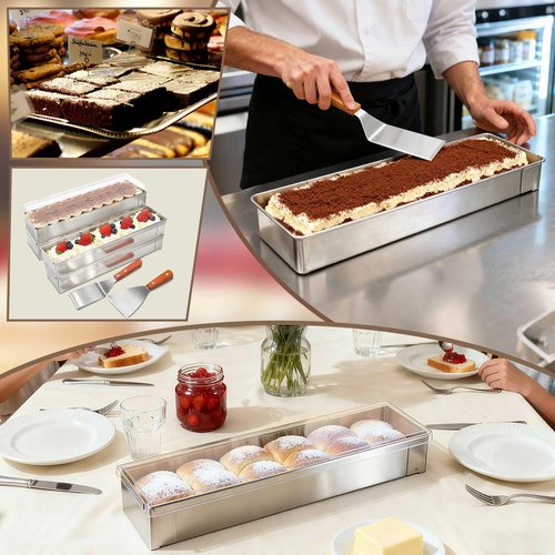 Blushtier 4 Pcs Nonstick Rectangle Tiramisu Cake Pan with Acrylic Lid and 2 Metal Spatula Removable Frame 304 Stainless Steel Cake Baking Molds for Tiramisu Cheesecake Mousse (15.75x3.94x2.56 Inch)
