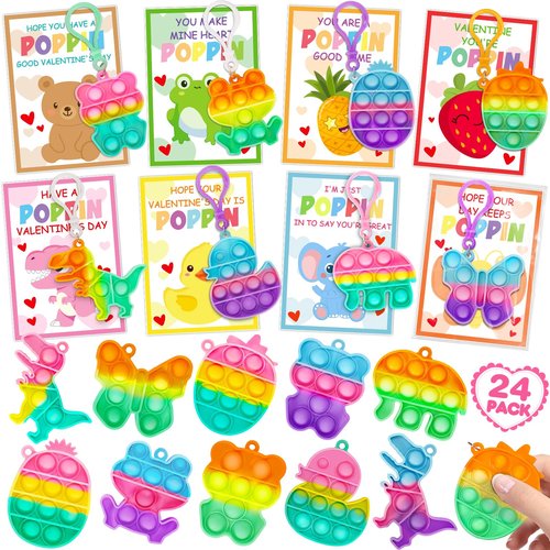 Jumlys Valentines Day Cards for Kids School, 24 Pack Pop Fidget Keychains Bulk, Valentine Day Party Favors for Boys Girls, Ideal Exchange Cards for Classroom