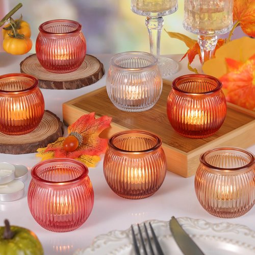 20pcs Pumpkin Votive Candle Holders with 20pcs Tea Light Candles, 5 Colors Tealight Candle Holders for Fall Table Decorations, Glass Candle Holder for Thanksgiving, Home, Party Decoration