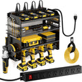 POKIPO Power Tool Organizer - Wall Mount Storage Rack with Charging Station & 8 Outlet Power Strip | Heavy Duty Metal for Garage
