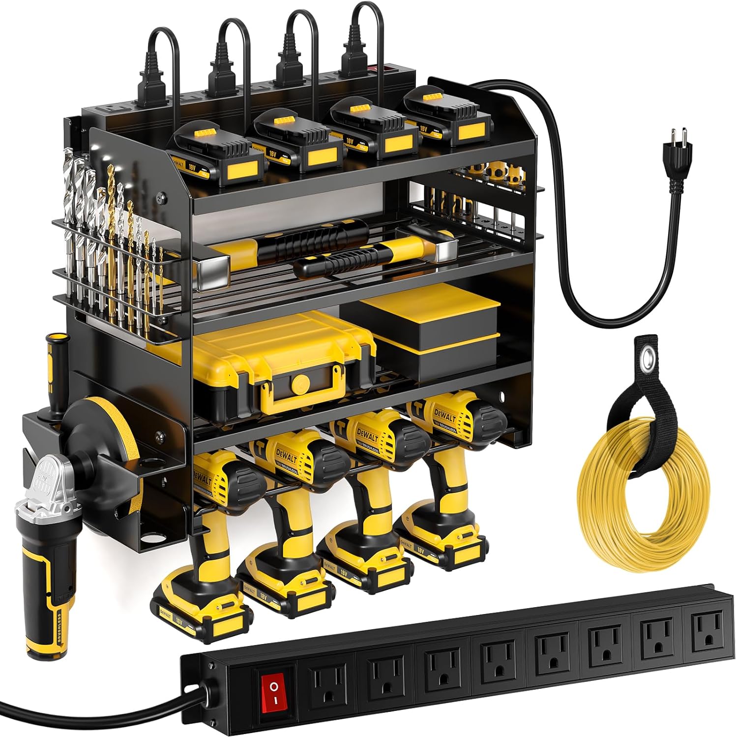 POKIPO Power Tool Organizer - Wall Mount Storage Rack with Charging Station & 8 Outlet Power Strip | Heavy Duty Metal for Garage