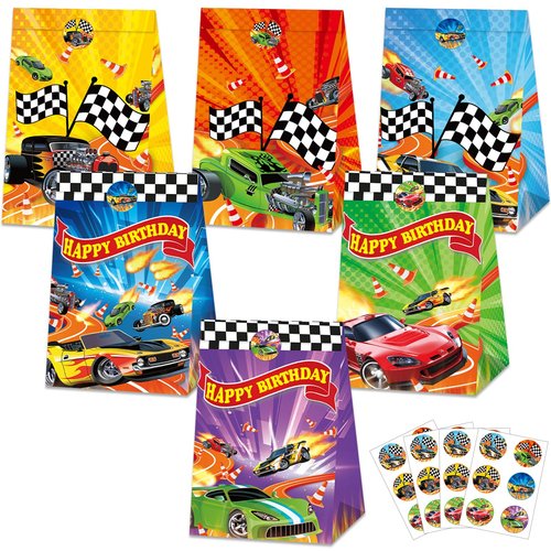 24Pcs Hot Car Birthday Party Supplies Race Car Party Favor Bags with Stickers Colorful Racing Themed Paper Gift Goodie Bags Checkered Flag Race Theme Treat Candy Bag for Kids Boys Birthday Decorations