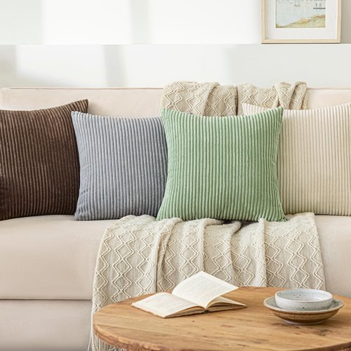 Softalker Throw Pillow Covers 18 x 18, Set of 2 - Cream Spring Decorative Soft Corduroy Striped Boho Beige Pillow Covers, White Cushion Pillow Cases for Farmhouse Decor, Couch, Easter, Bed Living Room