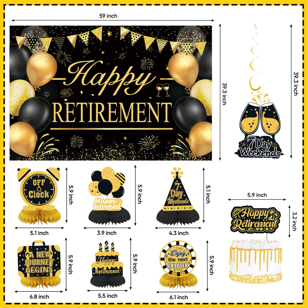Retirement Party Decorations for Men Women Black Gold Happy Retirement Banner Backdrop Honeycomb Centerpiece Cake Topper Hanging Swirl Set