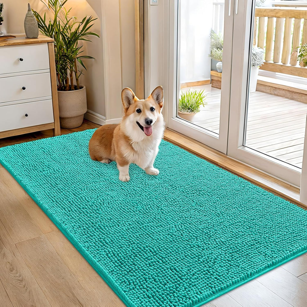 OLANLY Dog Door Mat - Absorbent Non-Slip Washable Doormat for Muddy Paws | Quick Dry Chenille 54x32, Teal
