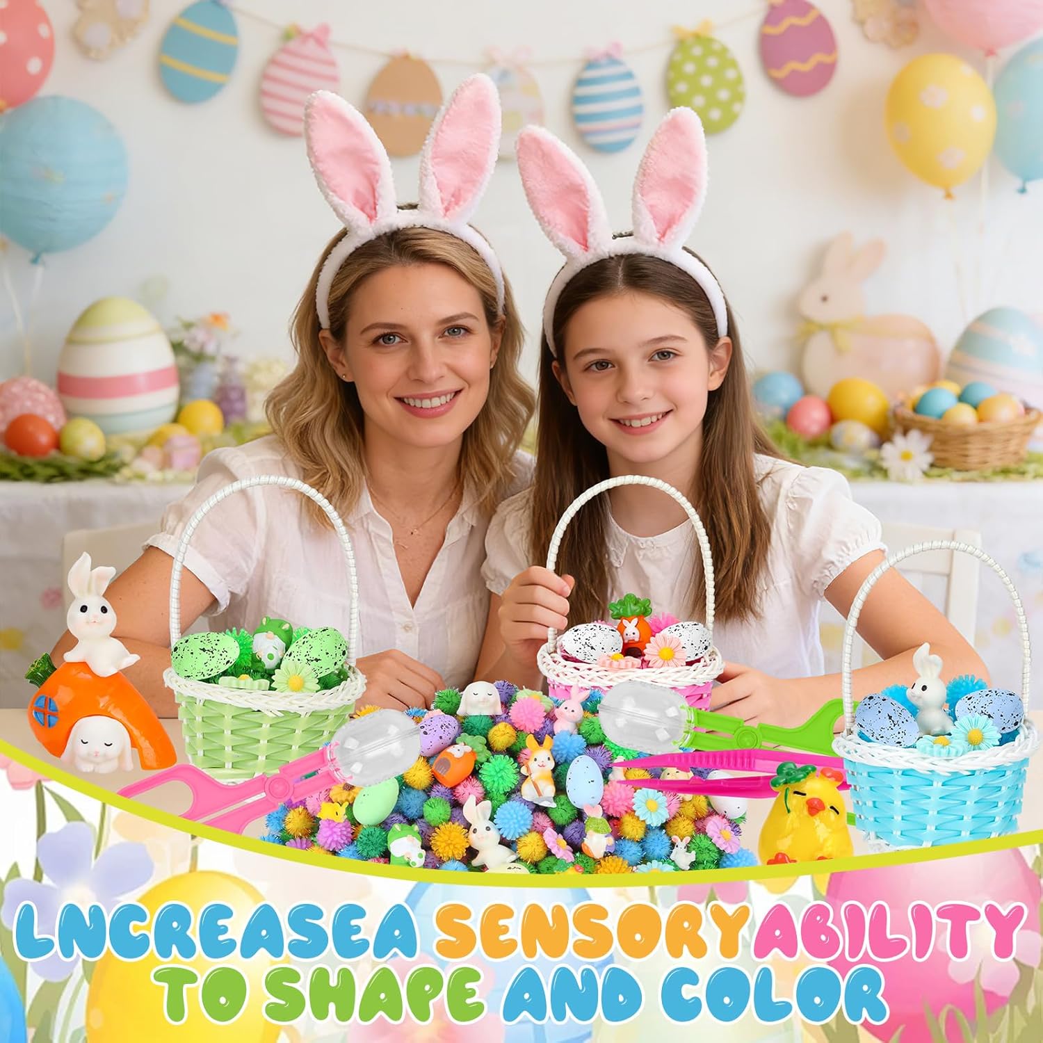 Skiennix Easter Sensory Bin Filler | 287 Pcs of Colorful Eggs, Bunnies, and Flowers for Learning Fun