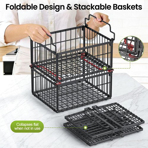 MSERCUOR Freezer Organizer Bins, 3 Pack Big Stackable Deep Chest Freezer Organizer Bins, Foldable Baskets with Handles, Black Storage Container Baskets for 5 to 9 Cu.FT Deep Freezer Sort Frozen Meats