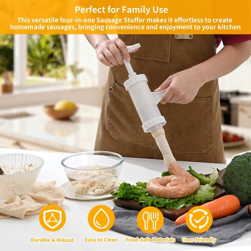 Luckyiren Manual Sausage Stuffer with 4 Stuffing Tubes, BPA-Free Plastic Meat Filler, 12/15/20/24mm Tubes for Natural, Collagen Casings, DIY Hot Dogs, Bratwursts