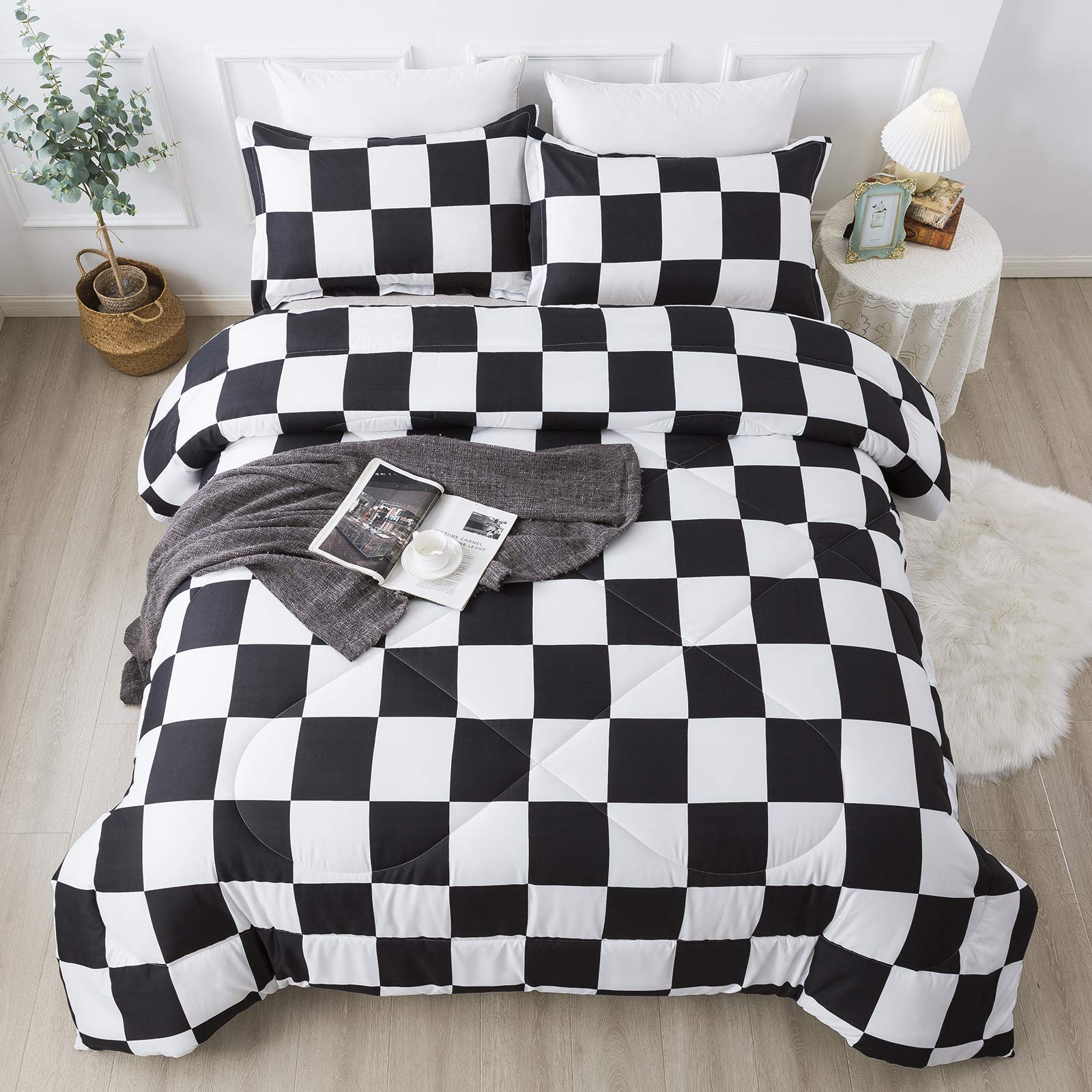 Andency Checkered Comforter Twin(66x90Inch), Black White Plaid Gingham Bed Set for Teen Boys Kids, Lightweight Polyester Geometric Preppy Bedding, 2 Pieces