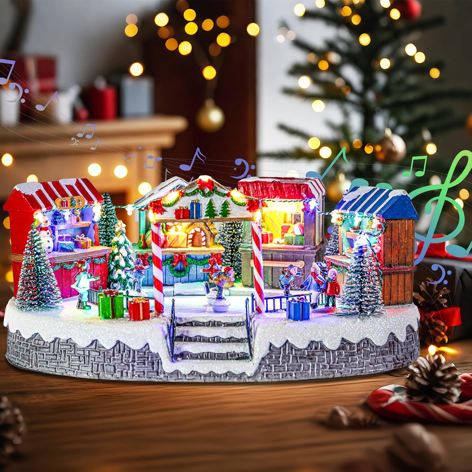 Bdor Christmas Market Village Scene - LED Lights & Music | 8.3 x 5.9 x 5.9 Inches Holiday Décor