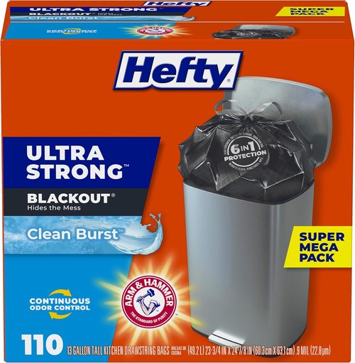 Hefty Ultra Strong Trash Bags - 13 Gallon Black Kitchen Bags with Break Resistant Drawstring | 110 Count