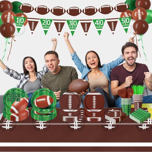 LINHAXM Football Party Decorations Includes Plates, Napkins, Cups, Banner, Balloons, Touchdown Tablecloth for Football Birthday & Tailgate Party Decorations, Serves 24