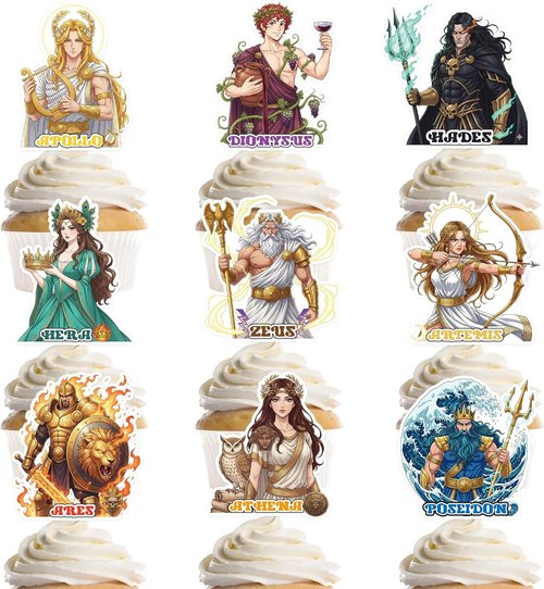 Greek Mythology Party Decorations - 36 Pcs Cupcake Toppers with 9 Unique Designs for Toga Celebrations