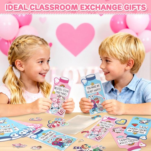 48 Packs Valentines Cards for Kids Classroom, Water Bottle Card with 200 Pcs Assorted Stickers, Valentines Day Exchange Gifts for Kids, Ideal Cards for Boys & Girls, Valentine’s School Prize