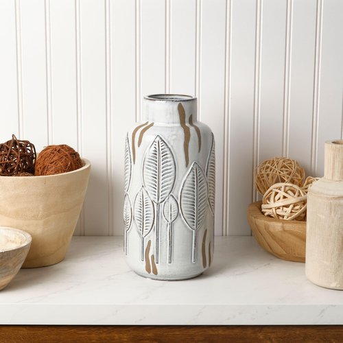 Mikasa Embossed Leaves White and Beige Ceramic Vase, 5.31x5.31x10.63 Inch