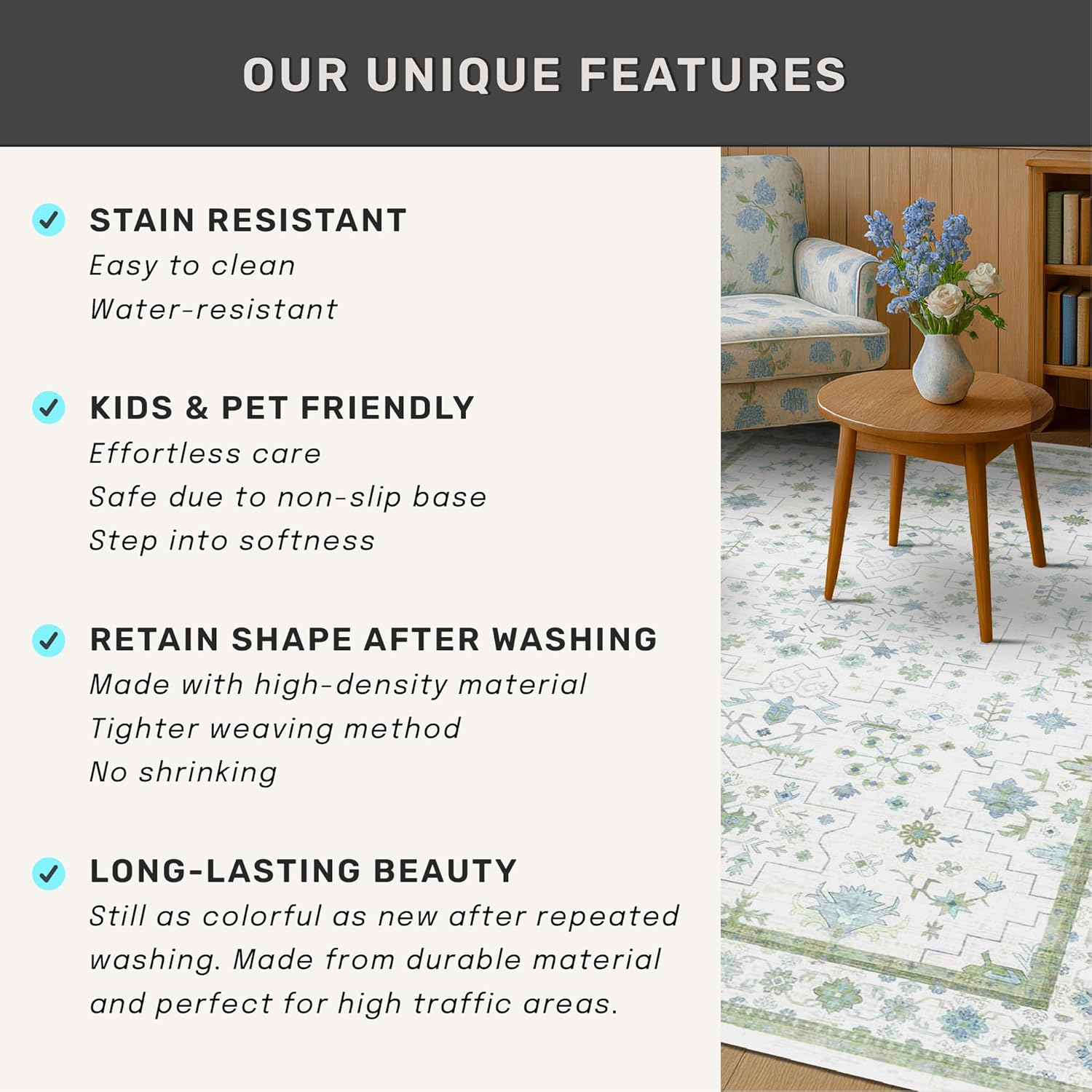 Regine Switzerland Vintage Boho Floral Entryway Rug - Washable 3x5 Low Pile Non-Slip Accent Mat
