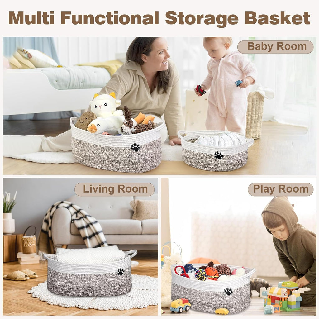 Optish Dog Toy Basket - Large Woven Rope Storage Bin for Dogs & Cats | 19.7" x 11" x 7.9" - White & Brown