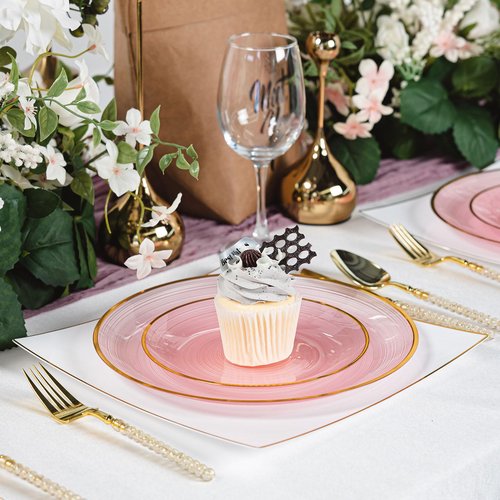 N9R 60PCS Pink Plastic Plates with Gold Rim – 30 Dinner & 30 Dessert Plates, Circular Ribbed Design, Elegant Disposable Plates for Weddings, Events, Banquets, Special Occasions (Translucent Pink)