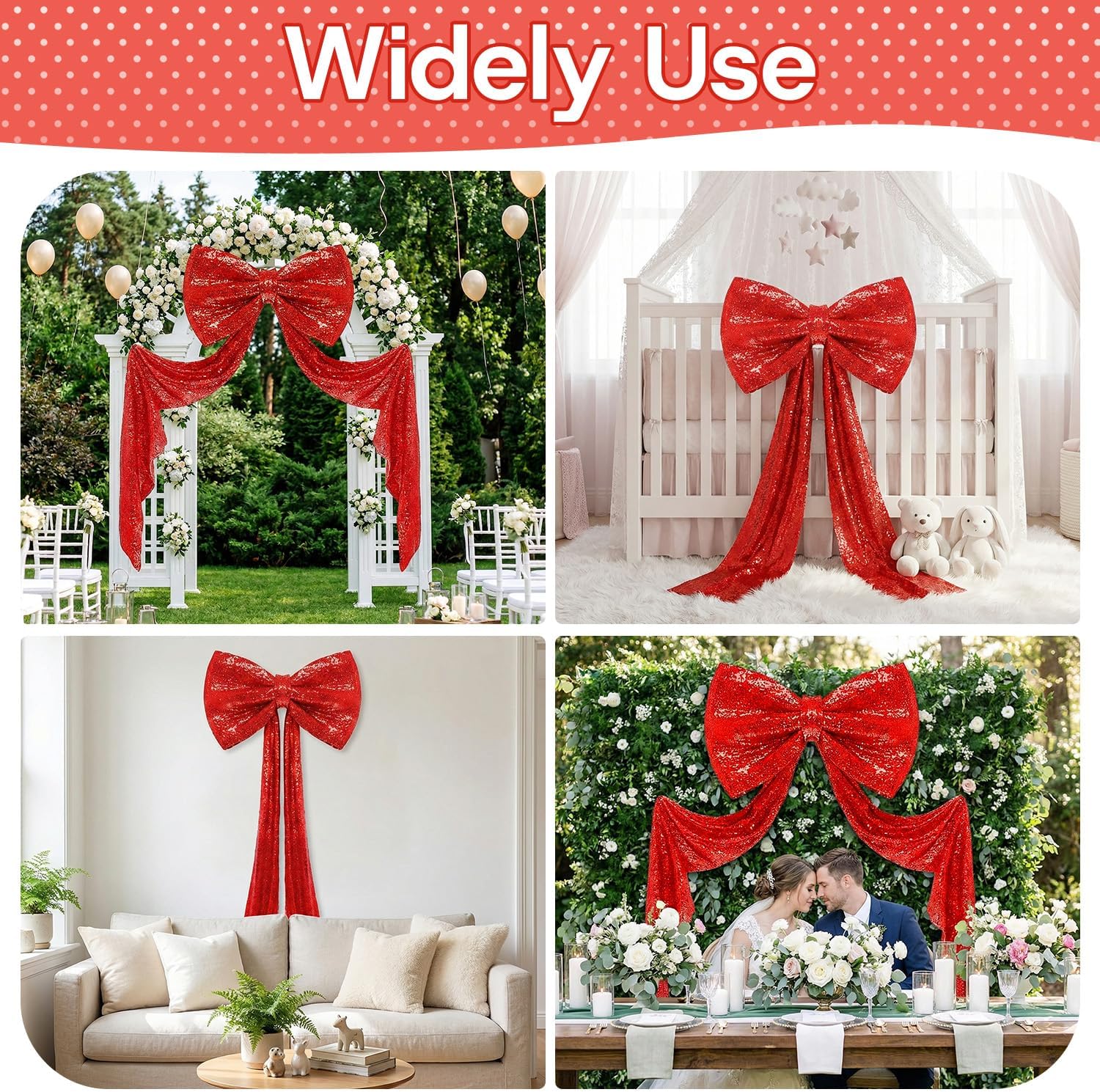 Sequin Giant Bow - Oversized Red Decoration with Long Ribbon | 75 x 23 Inch for Weddings & Parties