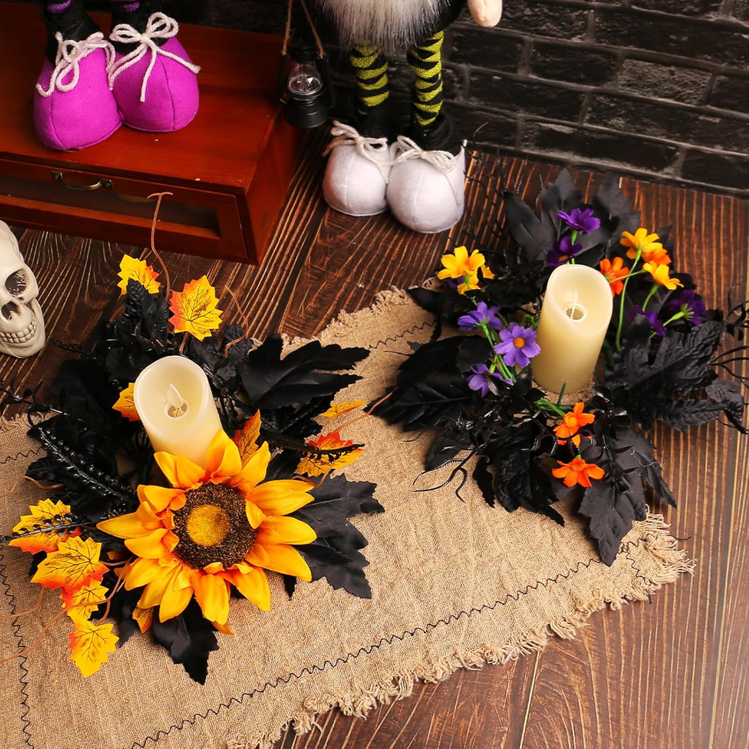 Skiennix Halloween Candle Rings - Artificial Leaves Wreaths for Festive Home Decor | 2 Pack Rose Skull Black
