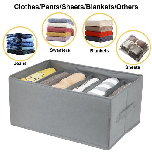 Fordonral Extra Large Clothes Closet Organizer 6 Compartments for Jean Sweater Sheets to Shirt - Divided Clothing Storage Boxes for Closet, Wordrobe, Bedroom, Shelf (4pc Gray)