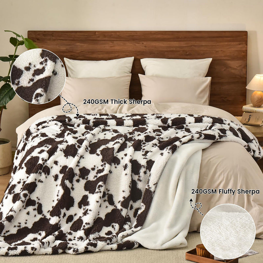 PHF Cute Cow Print Sherpa Blanket King Size for Women Men Adults, Reversible Thick and Warm Blanket for Winter, Ultra Soft Fuzzy Animal Pattern Bedding for Bed Sofa Couch, 108x90, Brown