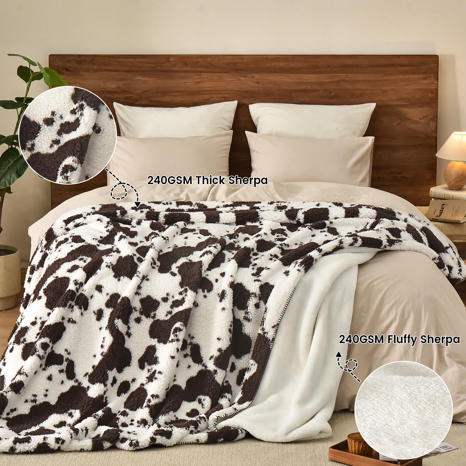 PHF Cute Cow Print Sherpa Blanket King Size for Women Men Adults, Reversible Thick and Warm Blanket for Winter, Ultra Soft Fuzzy Animal Pattern Bedding for Bed Sofa Couch, 108x90, Brown