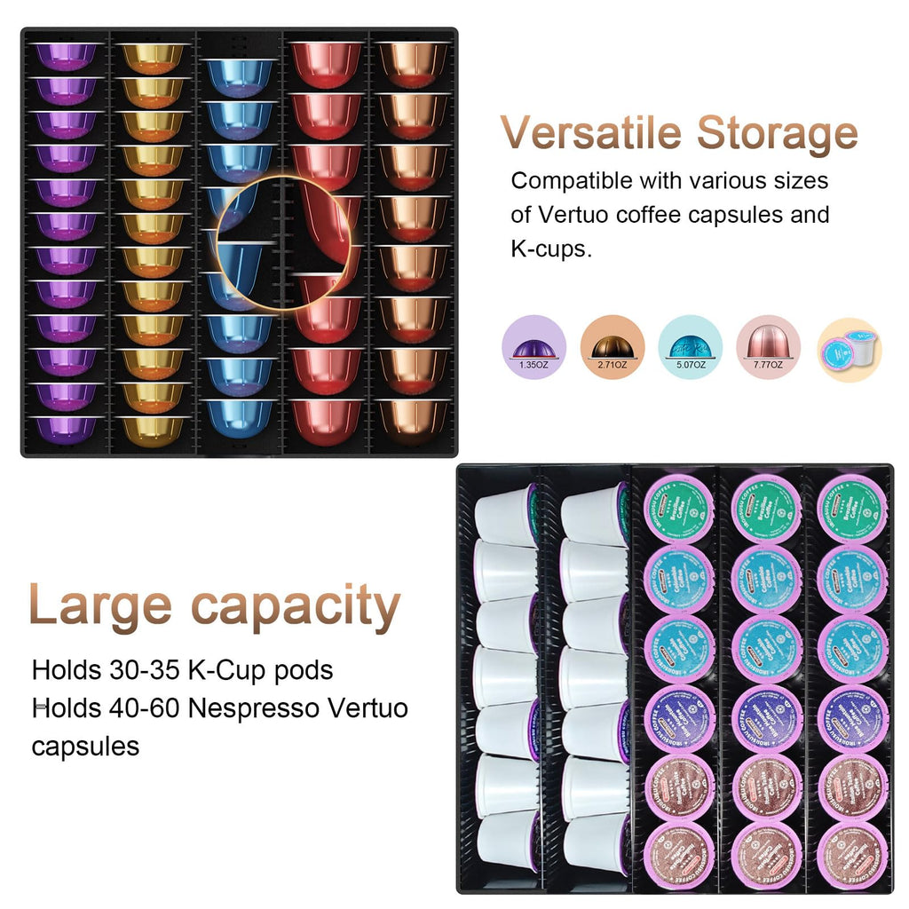 OUTIOE Coffee Pods Drawer Organizer Compatible with Nespresso Vertuo Pods Holds Up to 60 Small or 40 Large (Wood)