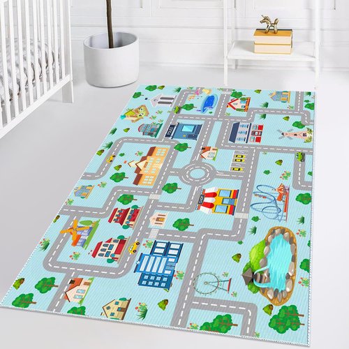 MLLgYq Kids Car Rug, 2' 7" x 4' City Life Traffic Road Playmat for Toy Cars Trains, Non-Slip Race Track Carpet Educational Fun Rugs for Boy and Girl Bedroom Nursery
