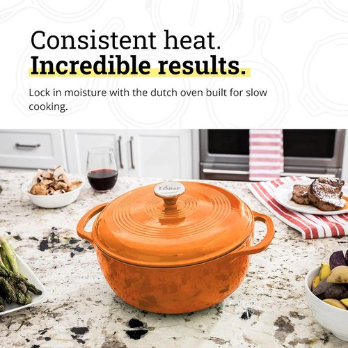 Lodge Essential Enamel Cast Iron Dutch Oven - 6 Quart Moisture-Sealing Lid & Dual Handles - Apricot Color