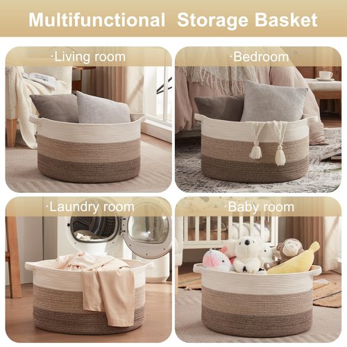 OIAHOMY 90L Blanket Basket for Living Room, Large Basket 23" x 23" x 13" with Handle, Laundry Hamper for Blankets, Pillows, Toy Storage for Kids, Dogs - Gradient Brown