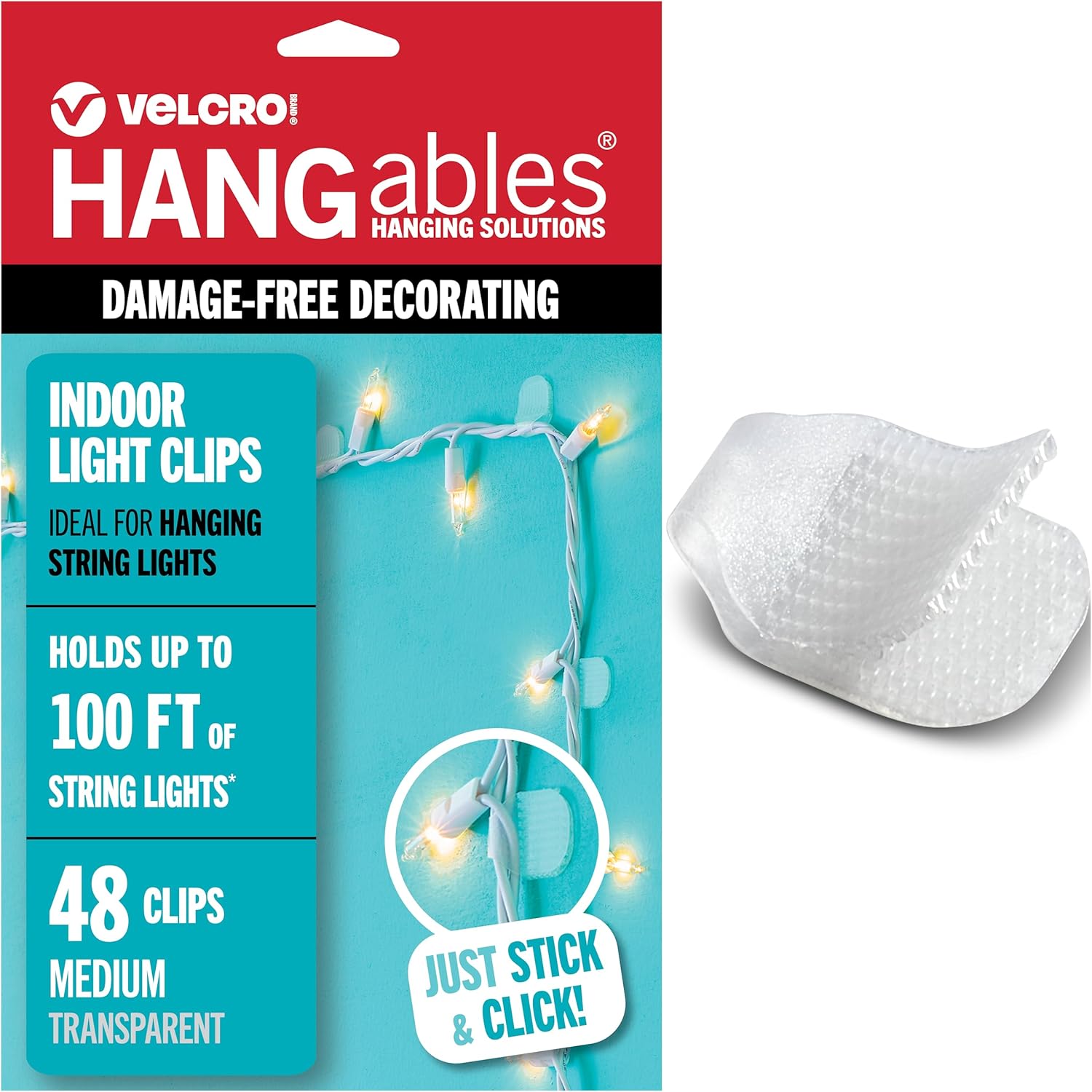 VELCRO Brand Indoor Light Clips - Damage-Free String Light Holders, 100 ft Capacity, 48 Pack
