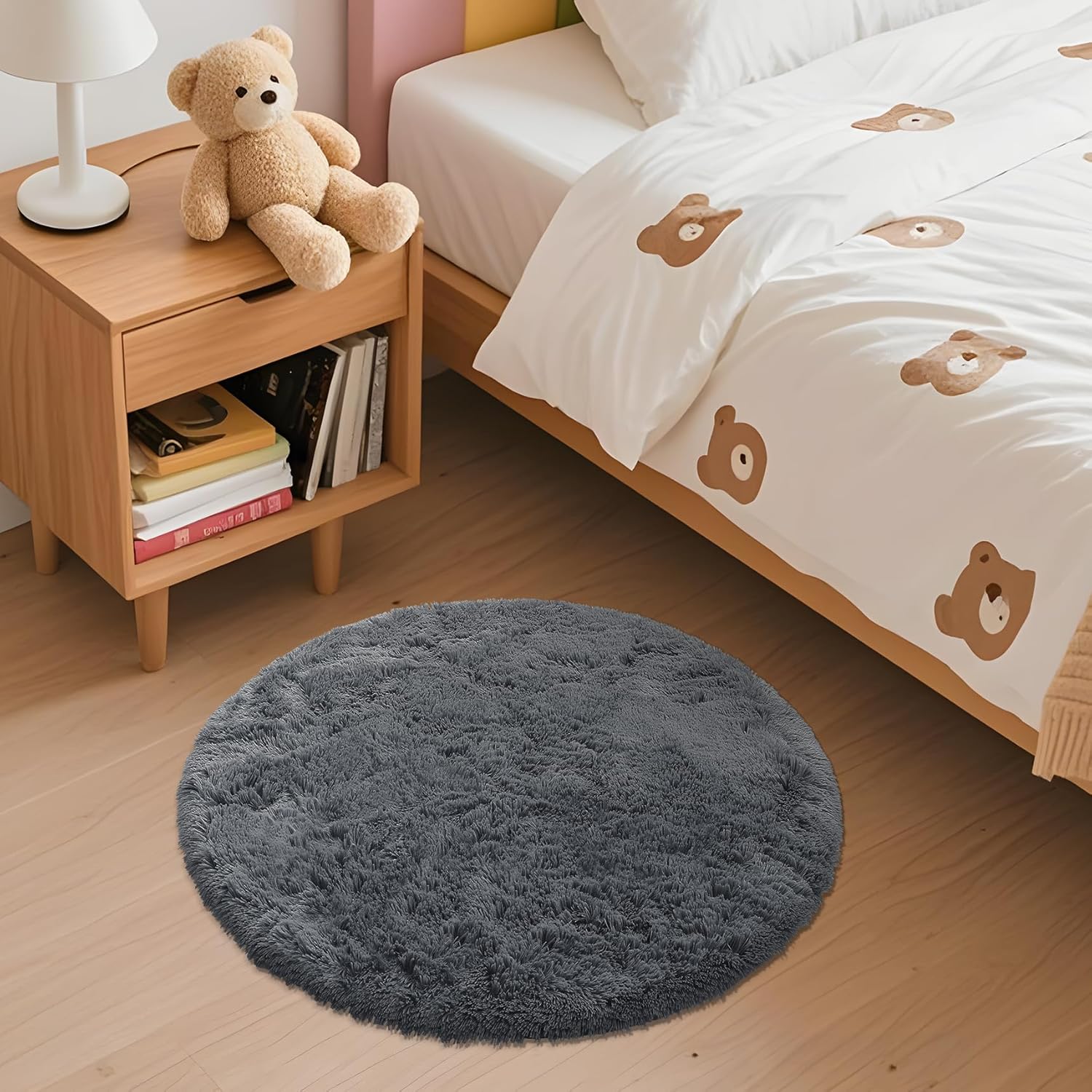 OLANLY Grey Round Rug - Soft, Fluffy Shaggy Carpet for Bedroom | 2 ft Machine Washable Area Rug