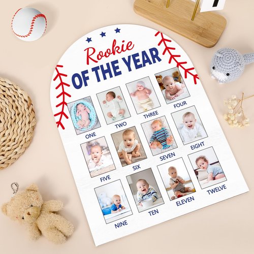 Baseball First Year Photo Board Rookie of the Year Birthday Party Decoration Wooden Board 12 Monthly Milestone Picture Frame Sport 1st Birthday Banner for Babyboy Keepsake Gift Supply(Fit 2x2.8in Pic)