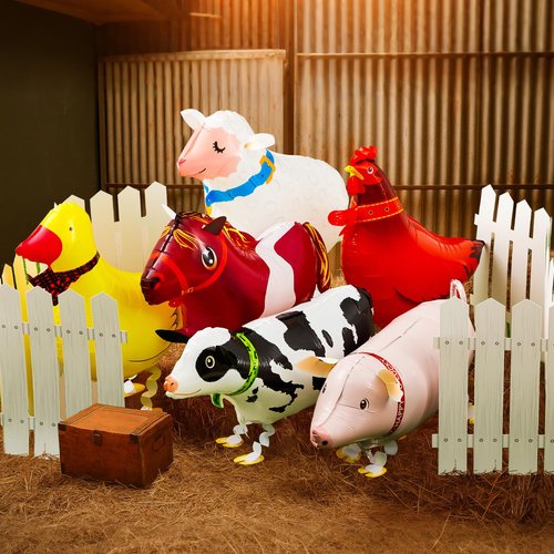 Soulchen 16 Pcs Adopt a Farm Animal Party Favor Include 12 Walking Animals Balloons and 4 Picket Fence Cutouts for Farm Theme Birthday Gifts Baby Shower Photography Party Decorations