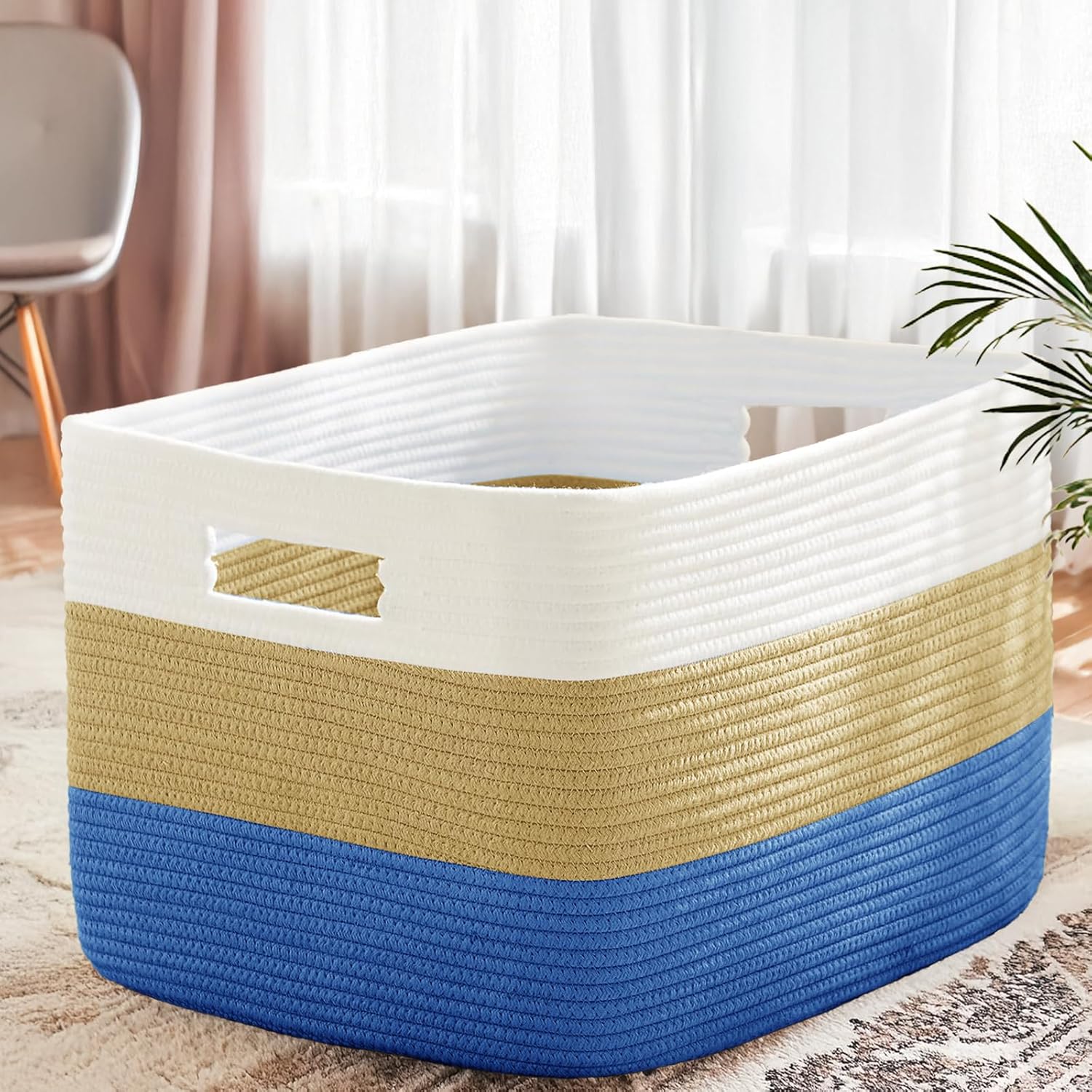 Skiennix Cotton Rope Basket - Large Woven Storage Solution for Blankets, Toys & Laundry | 72L, White & Dark Blue