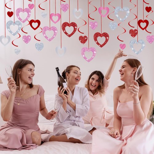MARFOREVER 48 Pcs Valentine's Day Decorations Glitter Valentines Heart Garland Ornament Red Pink Silver Heart Hanging Swirls Ceiling Decorations for Valentines Day Galentines Day Party Supplies