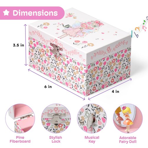 Jewelkeeper Girls Musical Jewelry Box - Durable Pine Fiberboard with Pink Lining - Kids Jewelry Box - The Beautiful Dreamer Tune - Gifts for Girls - Fairy Jewellery Box - 6x4x3.5in