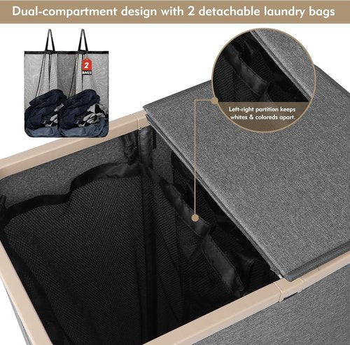DOKEHOM 160L Double Laundry Basket - Large Collapsible Hamper with Removable Lid & Bags | Dark Grey