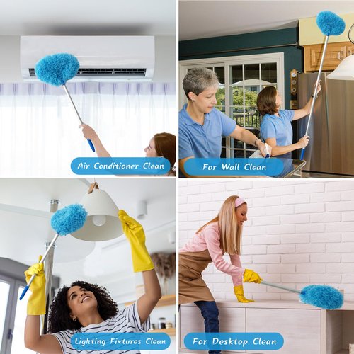 Ceiling Fan Cleaner Duster,Reusable Microfiber Ceiling Fan Blade Cleaner Duster with Extendable Long Handle Removable 13 to 48 in for Cleaning Bookshelves,Door,Window Top (Blue)