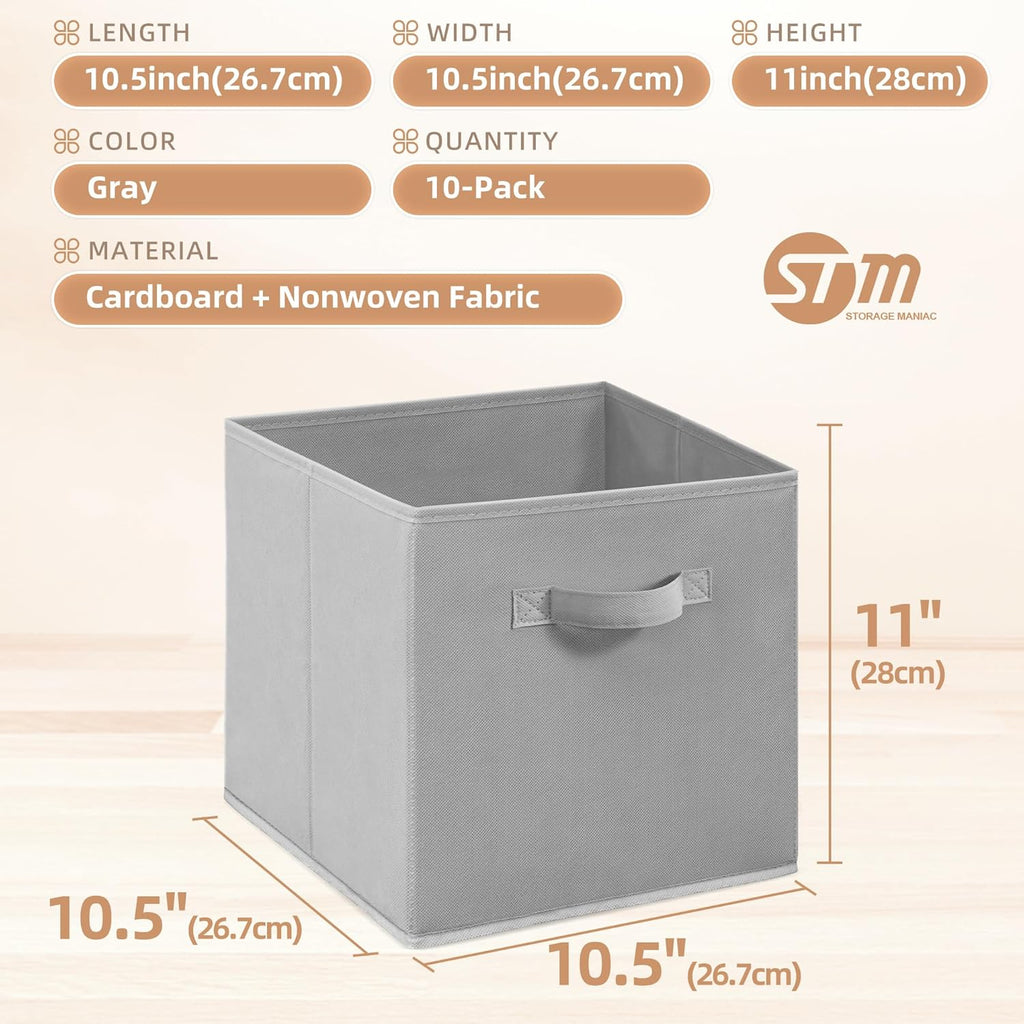 Storage Maniac 11-Inch Collapsible Storage Cubes - Durable Fabric Bins for Organization | 10-Pack Grey
