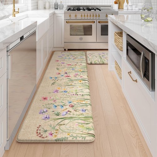 KIMODE Anti Fatigue Mats for Kitchen Floor 17"x59"+17"x29", Farmhouse Floral Kitchen Rugs, Cushioned Memory Foam Kitchen Mats, Comfort Standing Mat for Laundry, Office, Sink, Desk Brown