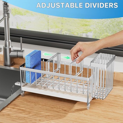 Cisily Kitchen Sink Caddy Organizer - Rustproof 304 Stainless Steel with High Brush Holder | Silver, 9.25”