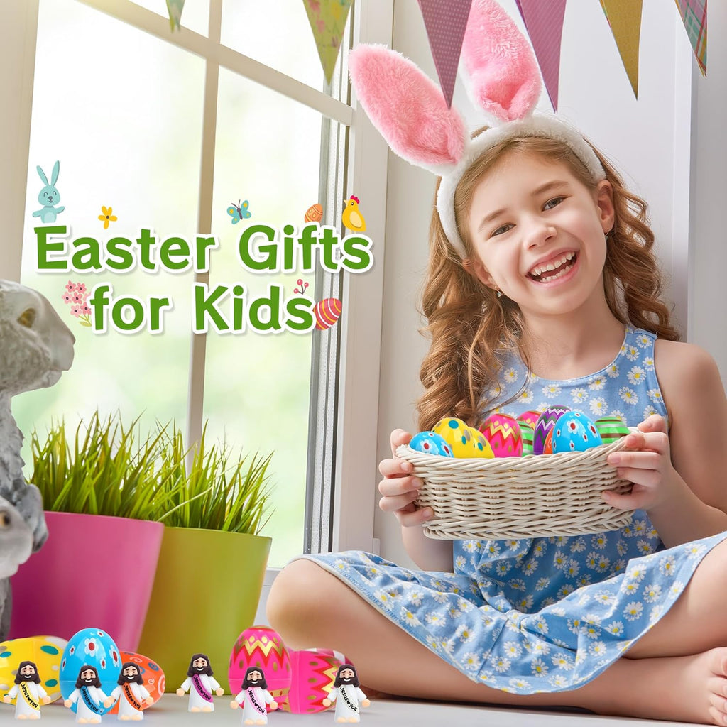 Regine Switzerland Easter Basket Stuffers - 60 PCS Colorful Eggs & Religious Jesus Figurines for Kids