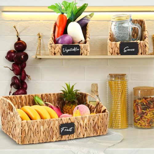 Wonderjune 4 Pcs Water Hyacinth Storage Basket Set Wicker Rattan Pantry Basket with Chalkboard Label Handles Woven Container Kitchen Laundry Large Small for Shelves Food Home Bathroom Decor