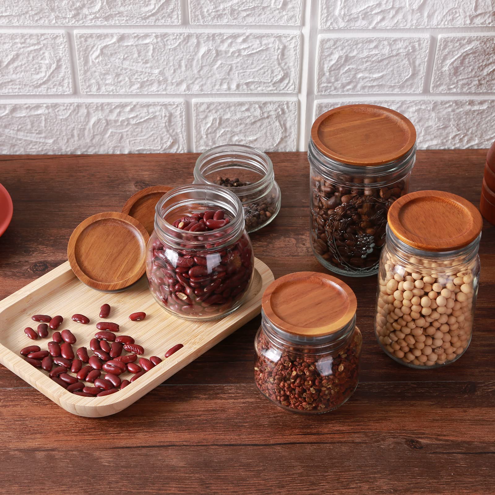 6Pack Wide Mouth Mason Jar Lids Acacia Wooden Storage Canning Jar Lids Ball Jars Bamboo Wooden Lids with Airtight Silicone Seal, Brown