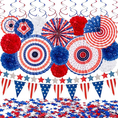 29PCS Patriotic Decorations Set by USA Flag | Red, White & Blue Paper Fans, Pennants & Streamers