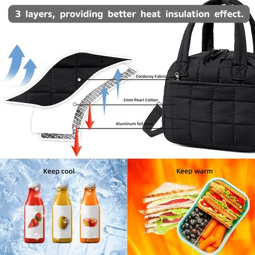 LEDAOU Insulated Lunch Box for Women Black Adult Girls Lunch Bag Quilted Puffer Lunchbox with Adjustable Strap Reusable Lunch Bags for Work School Picnic Travel