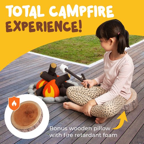 Pretend Campfire Set for Kids with S'Mores Kit & Wood Log Pillow - Soft, Safe & Durable Toy Campfire for Pretend Play & Sensory Play - Giftable Plush Felt Kids Campfire Playset for Ages 3+